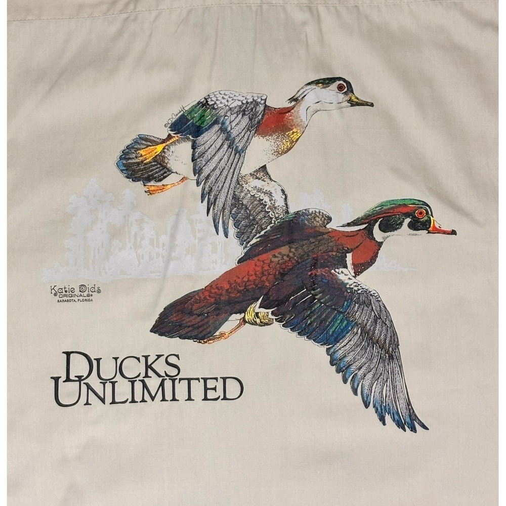 Vintage Ducks Unlimited Safari Hunting Shirt XL Khaki Wood Duck Graphic USA 0408
